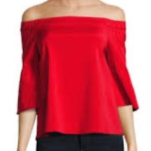 Tibi Bardot Cold Shoulder Sleek Vibrant Romantic Red Blouse Belled Sleeves Sz. 2
